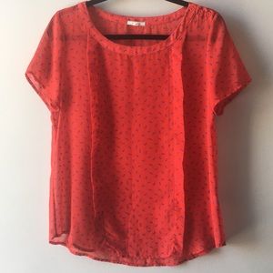 Red sheer top with blue bow pattern